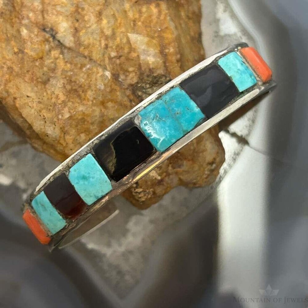 Vintage Earl Bowekaty Zuni Native American Silver Inlay Bracelet For Women